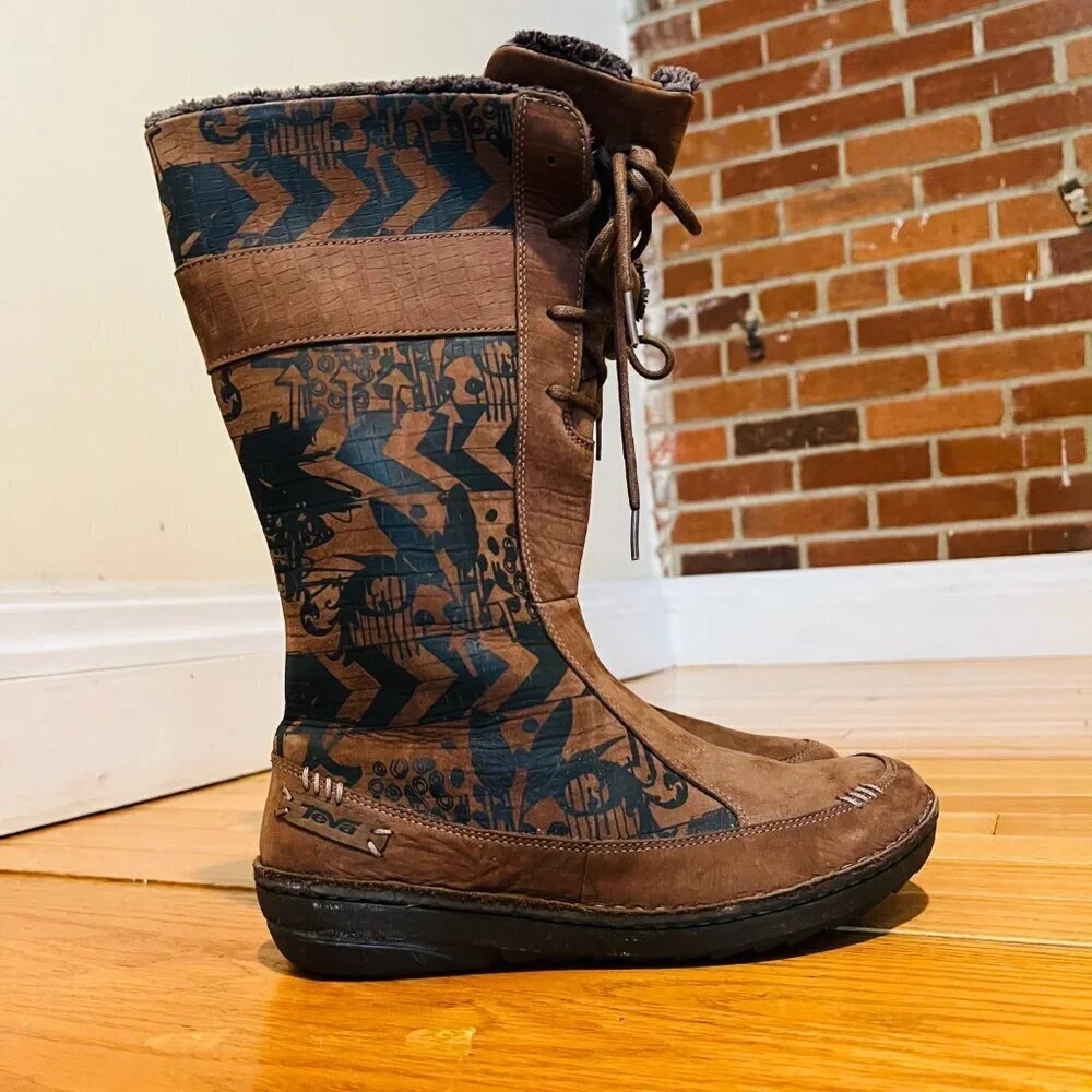 TEVA Kiru Brown Nubuck Leather Aztec Fleece Lined Mid Calf Boots Women's 8.5 - Picture 5 of 16